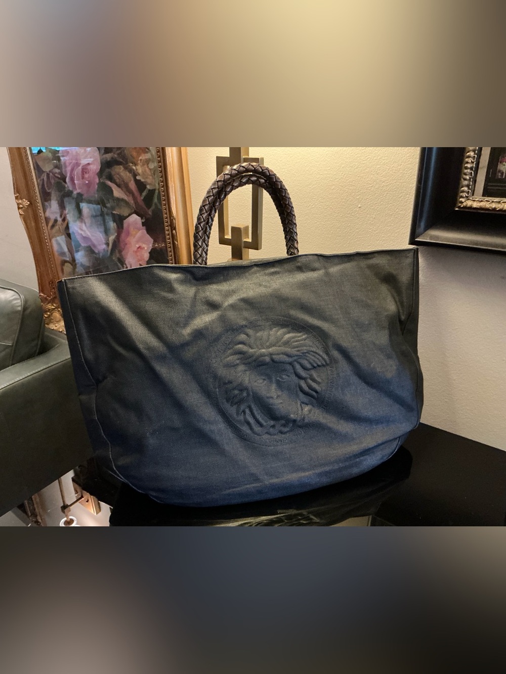 Versace Couture Braided leather Handle  Black linen Tote w la Greca Medallion